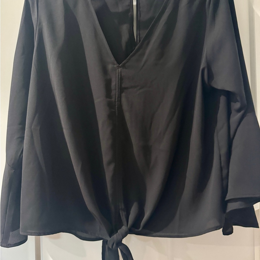 Veronica M Elegant Black V-Neck Tie-Front Blouse with bell sleeves